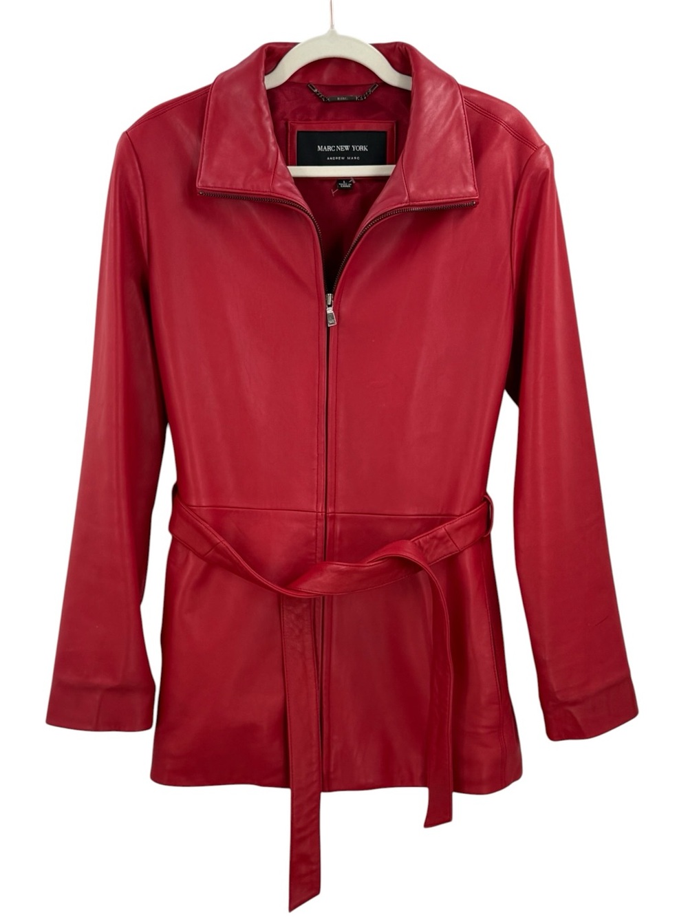 Andrew Marc Marc New York Red Leather Belted Zip Jacket Large